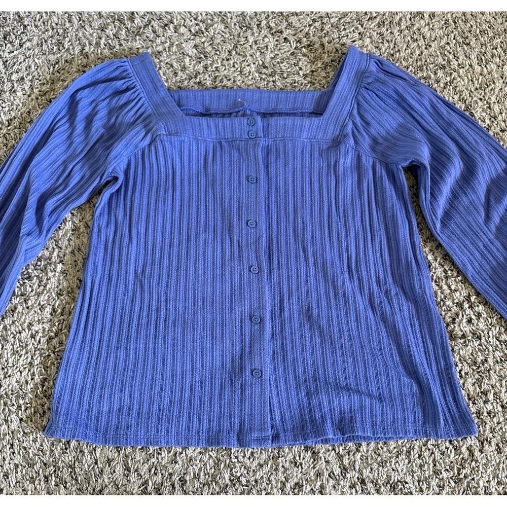 Loft Women's Purple Ribbed Button Down Square Neckline Top Size Petite Small - Picture 2 of 8